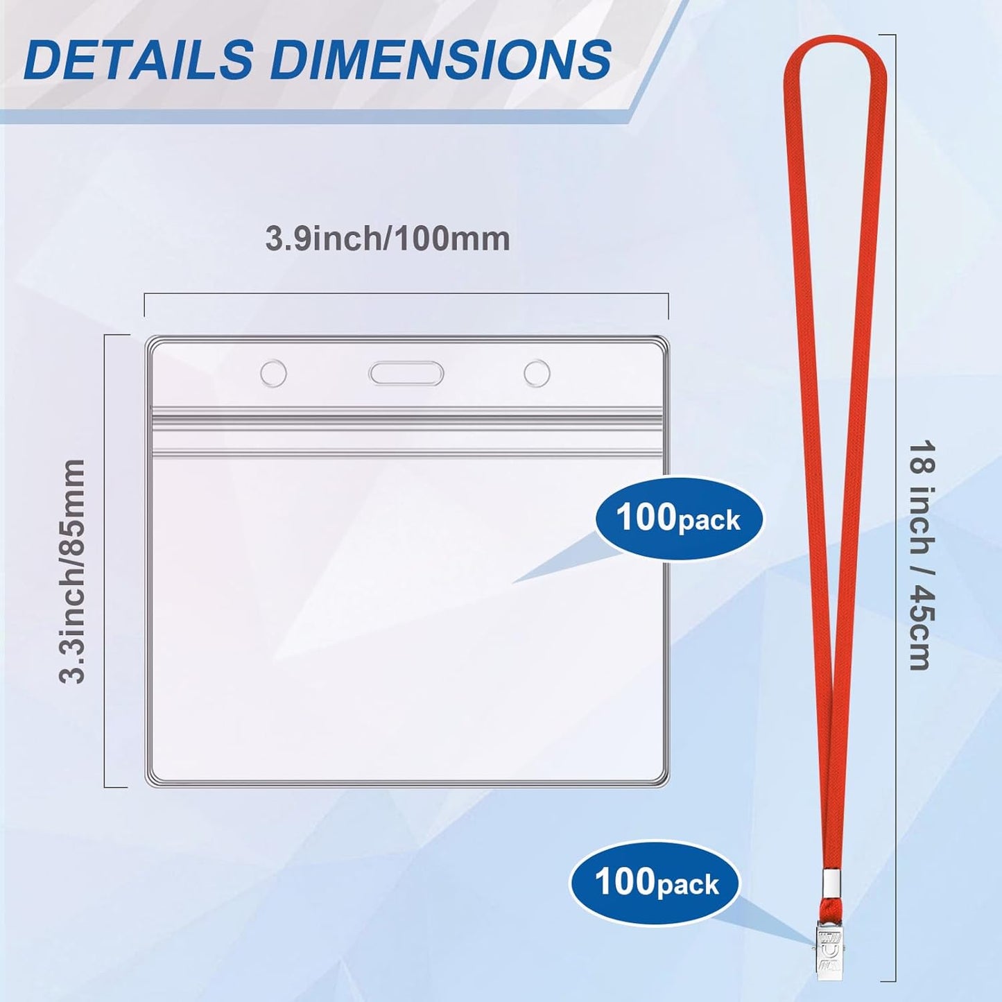 100Pcs Lanyards for ID Badges and 100 Pcs Clear Plastic Horizontal Name Badge ID Card Holders, Flat Neck Lanyards with Clip Waterproof Resealable Name Tag Badge ID Card Holders (Red)