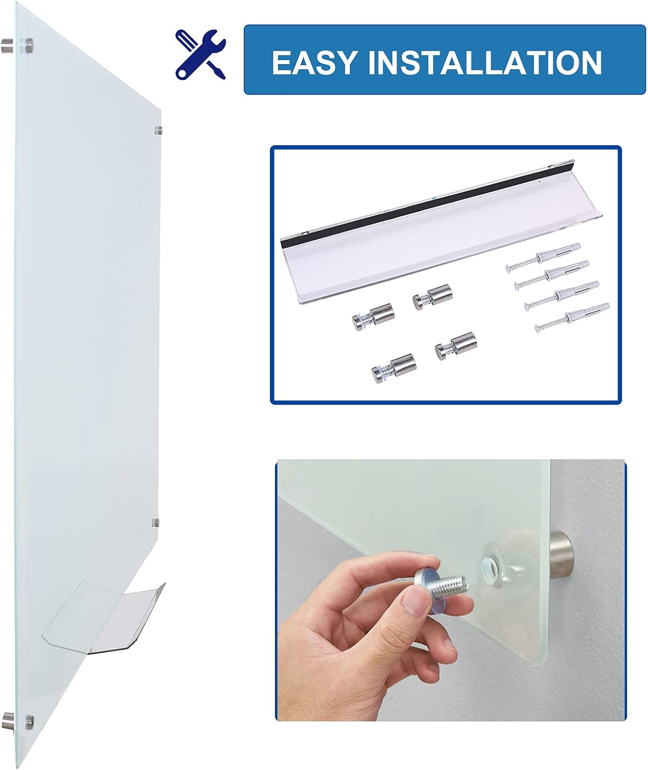 Dex Board 72" x 48" Large Glass Whiteboard 6' x 4' Frameless Tempered Glass Dry Erase Board with Marker Tray for Interactive Office, Wall Mounted Frosted Glass Whiteboard