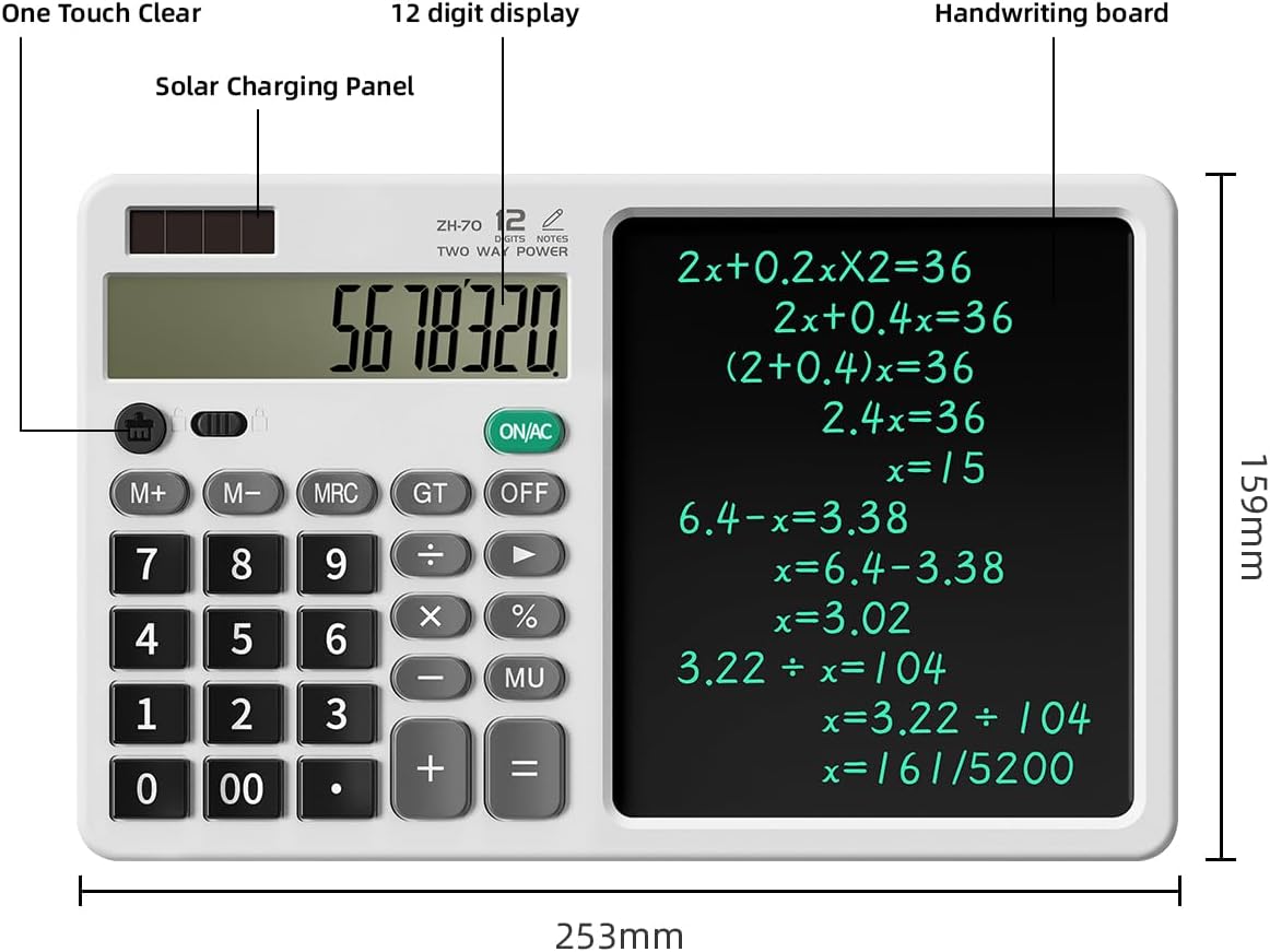 Scientific Calculator with Pull - Out Stylus, 12 - Digit Wide Screen & 100,000+ Reusable Writing Pad, One - Click Clear/Lock, Solar & Battery Dual Power, Portable for School Office Business (White)
