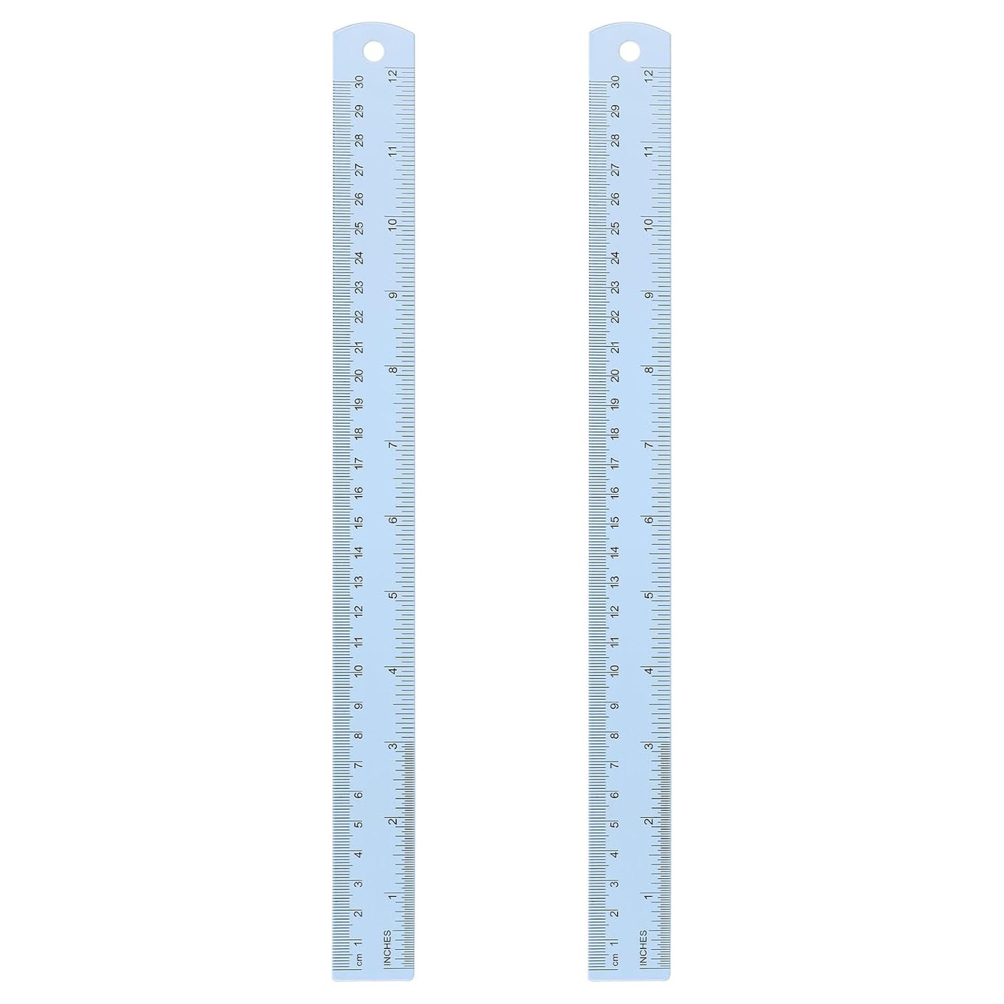 HARFINGTON 2pcs Metal Straight Ruler 30cm Metric SAE Aluminum Alloy Measuring Rulers Scale Tool with Hole for Measure Study Reading Classroom Office, Light Blue
