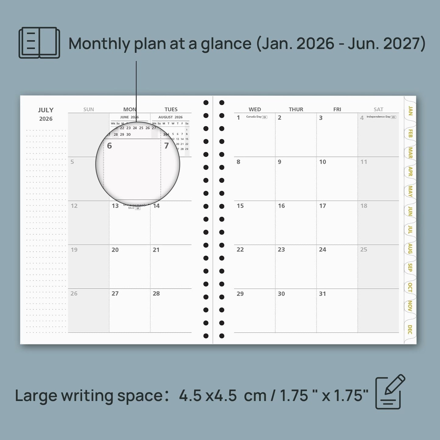 POPRUN Monthly Planner 2026-2027 Spiral Hardcover (8'' x 10''), 18 Months Calendar (Jan.2026-Jun.2027) - 2 Pages per Month with Dotted Note Pages, Sunday Start, Laminated Tab - Navy Blue