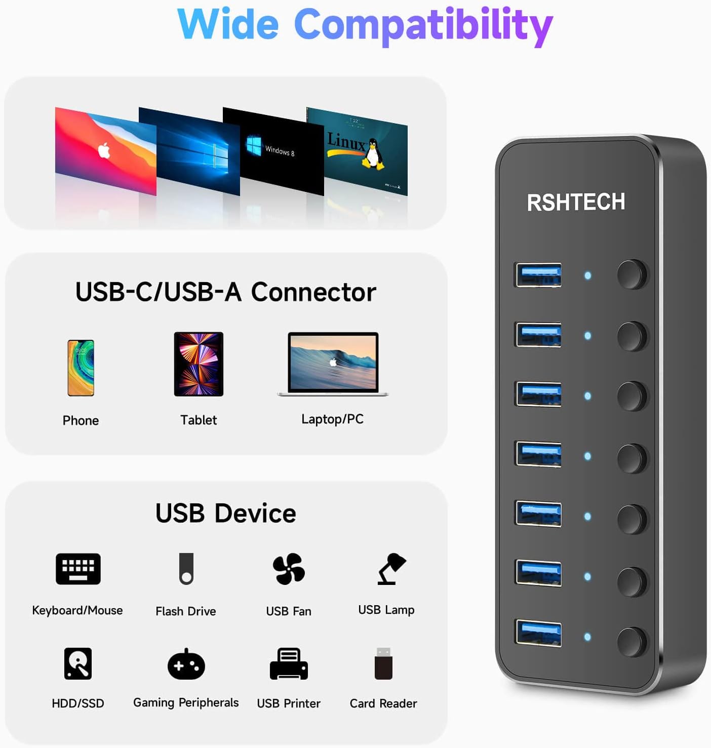 RSHTECH 7 Port USB 3.0/USB C Hub - Thumbnail 2
