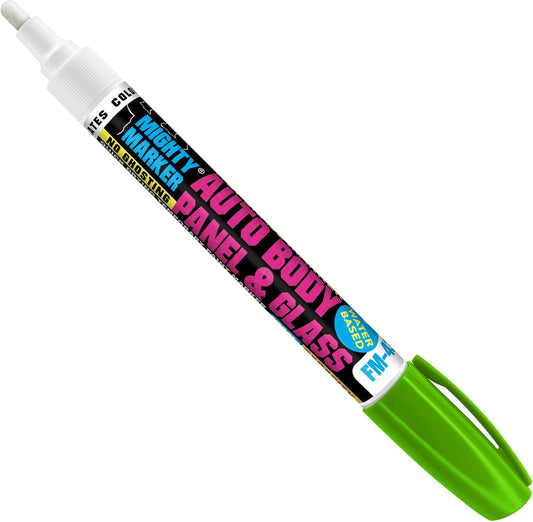 FM-43 Auto Body and Glass Paint Marker, No-Ghost, Highly Water-Resistant, 2.3mm Bullet Tip, Valve Action, 6 Bonus Reversible Tips, Made in USA - Fl. Green 6 Pack