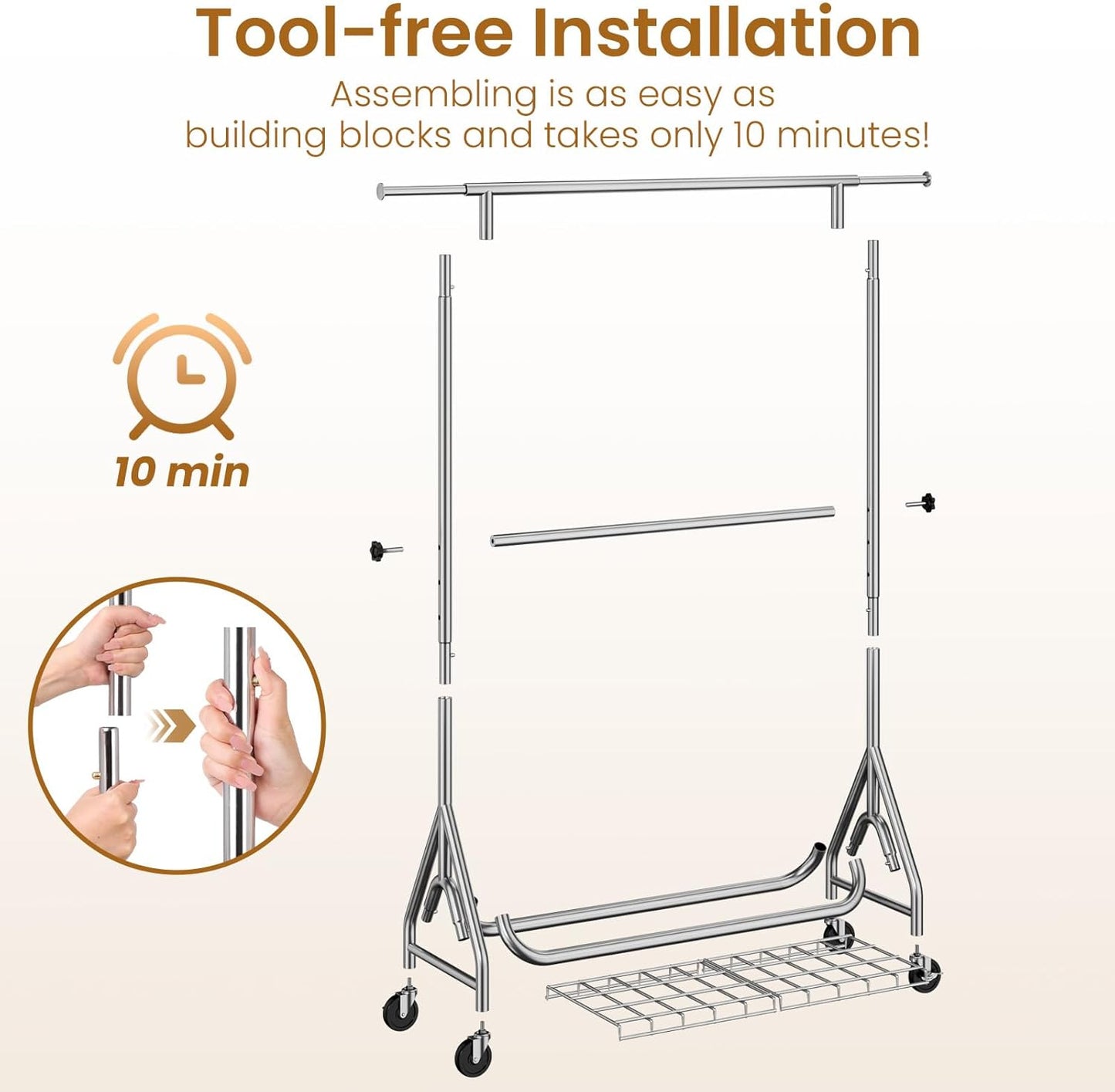 Double Rods Clothing Rack, Heavy Duty Clothes Rack for Hanging Clothes Load 560LBS, Metal Rolling Garment Racks with Wheels, Freestanding Clothes Hanging Racks, Silver