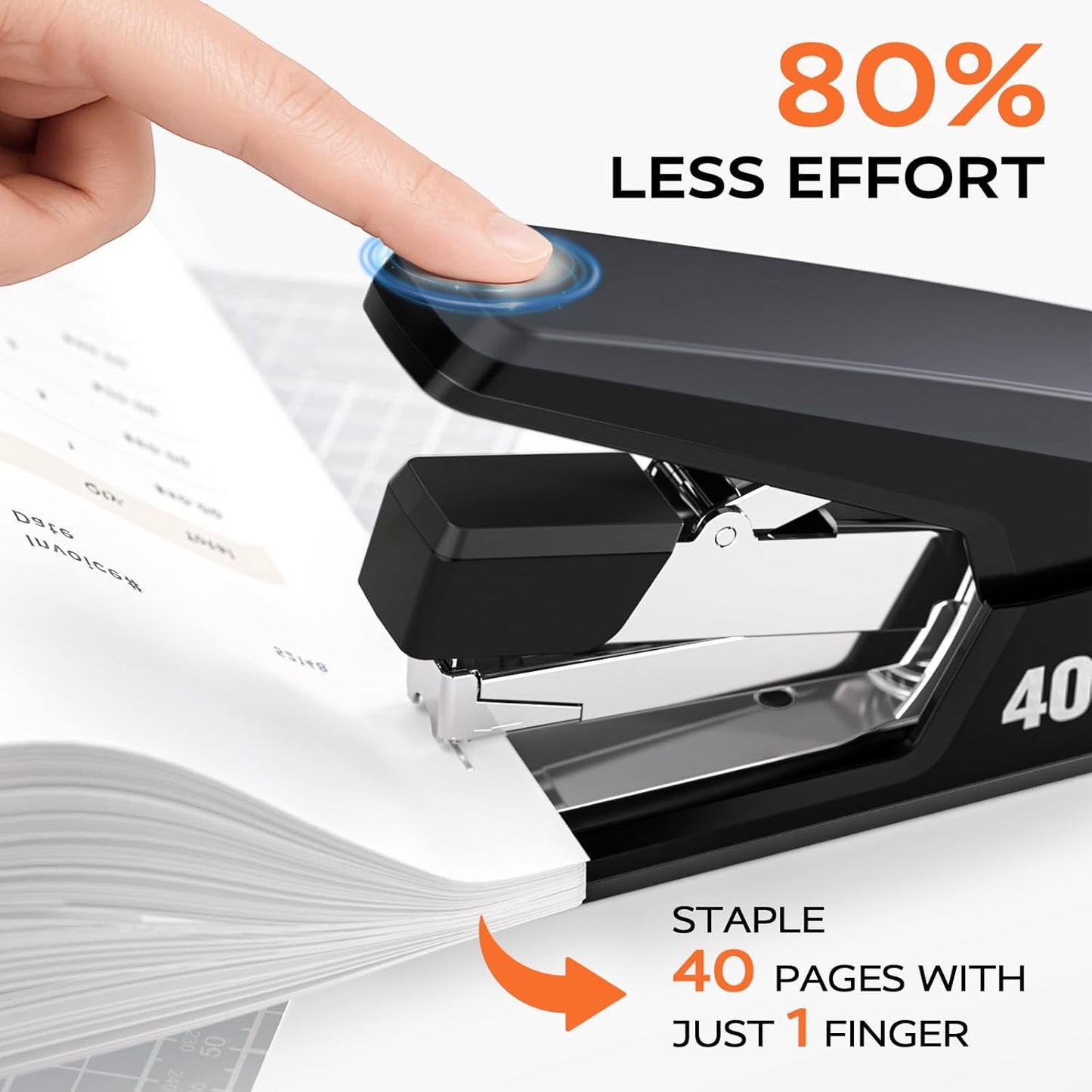 Effortless Stapler for Desk with 40-50 Sheet Capacity, 2000 Staples, 1-Touch Stapling, Ergonomic & Easy to Load Desktop Staplers, Heavy Duty Stapler, and Magnetic Staple Remover, Black