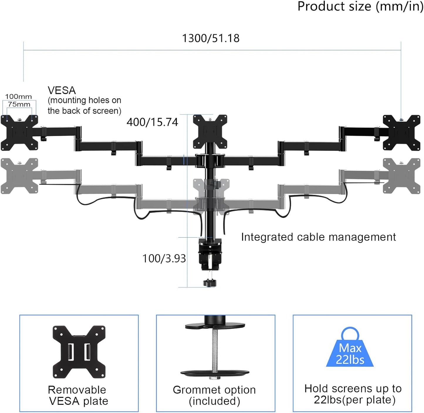 Suptek Triple LED LCD Monitor Desk Mount Heavy Duty Fully Adjustable Stand for 3 / Three Screens up to 27 inch (MD6463)