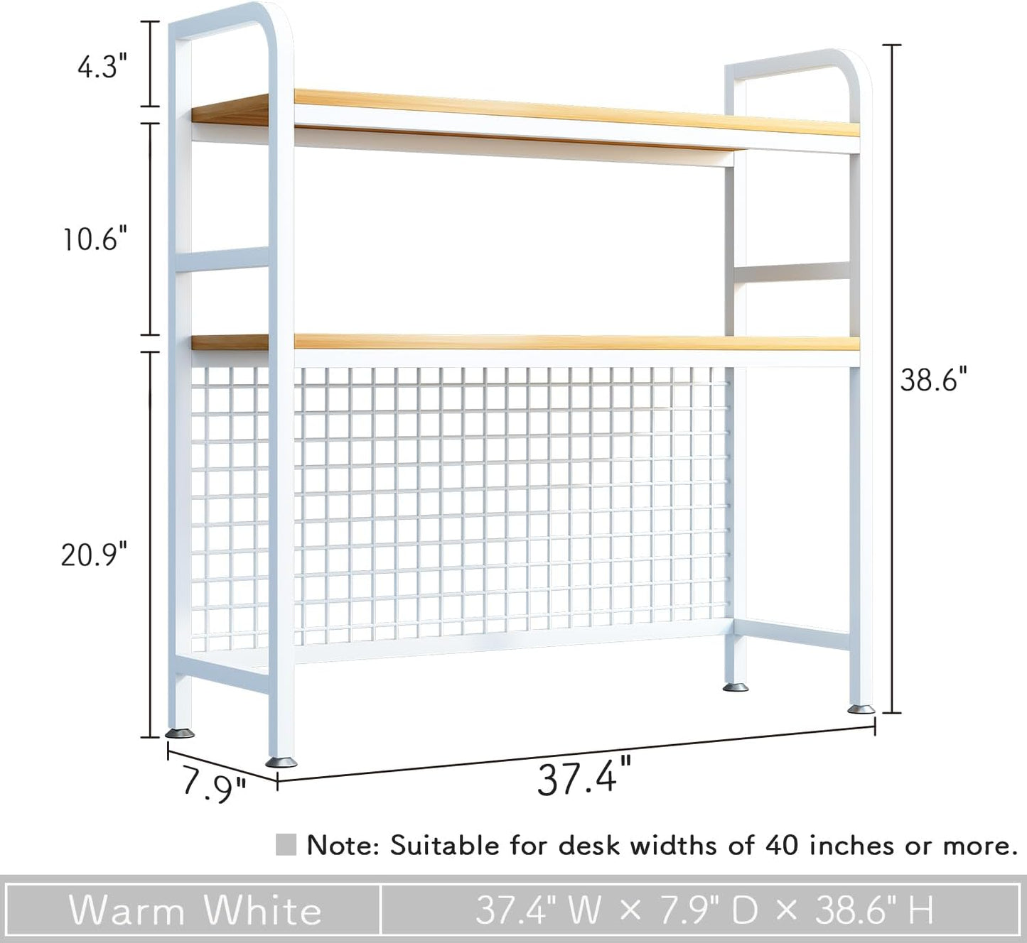 IOTXY 2-Tier Desktop Hutch Bookshelf - Metal Desk Shelf Bookcase with Grid Panel, Countertop Storage Organizer Rack for Dorm or Office, White, 37.4" W