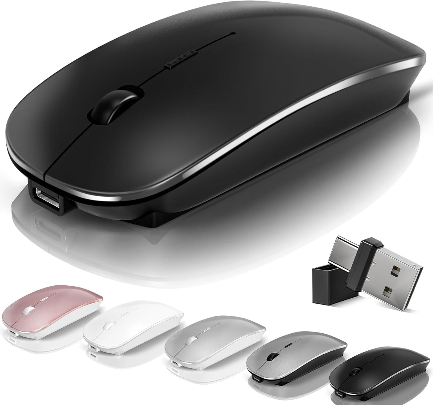 Mouse for Laptop Wireless Bluetooth - MacBook Air Mac Pro PC iPad Optical Rechargeable Silent Mouse with Jiggler Dual Mode Switch Bluetooth 5.2/3.0 and 2.4GHz USB-A and Type-C Receiver Black