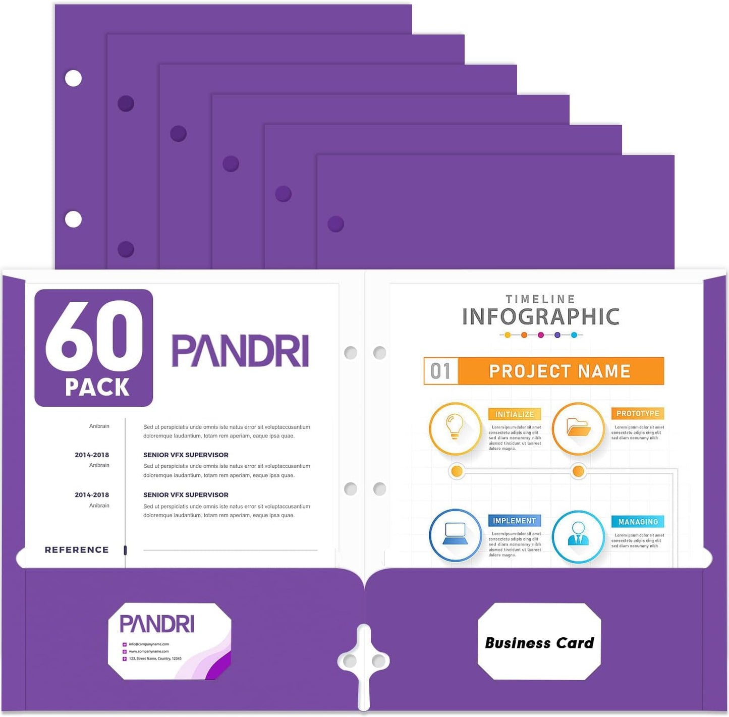 Two Pocket Portfolio Folders, PANDRI 60 Pack 3 Hole Punched 2 Pocket Folders for 3 Ring Binder, Letter Size Paper File Folder for School Office Home Business, Purple