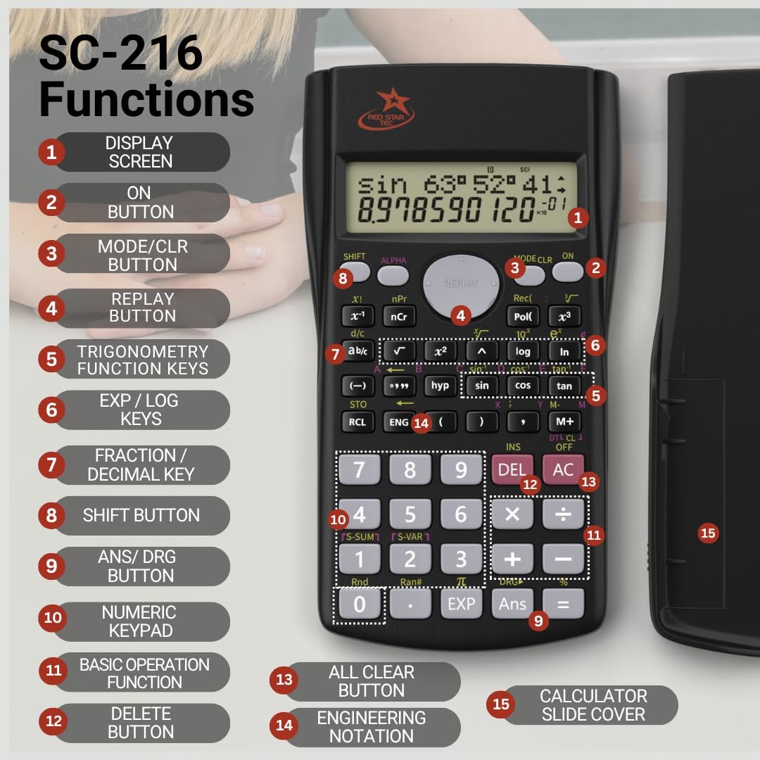 SC 216 Non Graphing Scientific Calculator for School by Red Star Tec – Black Math Calculator with 240 Functions, SAT Exam Ready, 2-Line Display, Trigonometry, Algebra & Statistics Support