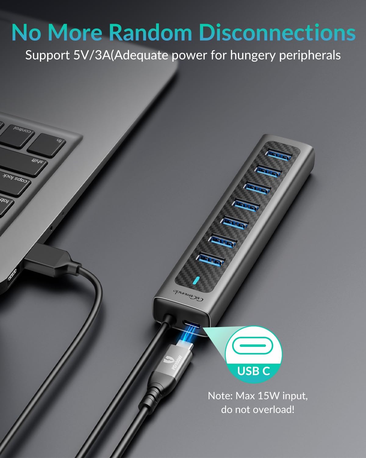 GM7U 7-Port USB 3.0 Hub, 6FT Long Cable, Aluminum, High-Speed, Multi Port Extender Hub, External Expansion Data Hub for PC Laptop, Desktop Computer, Older Mac, Black Grey