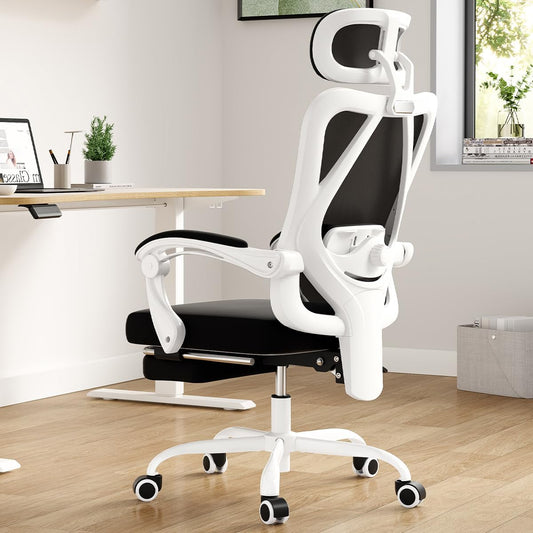 Farini Ergonomic Office Chair with Footrest, Mesh Office Desk Chair with Headrest, High Back Computer Chair with Adjustable Lumbar Support for Home Office Study Room Bedroom, White & Black