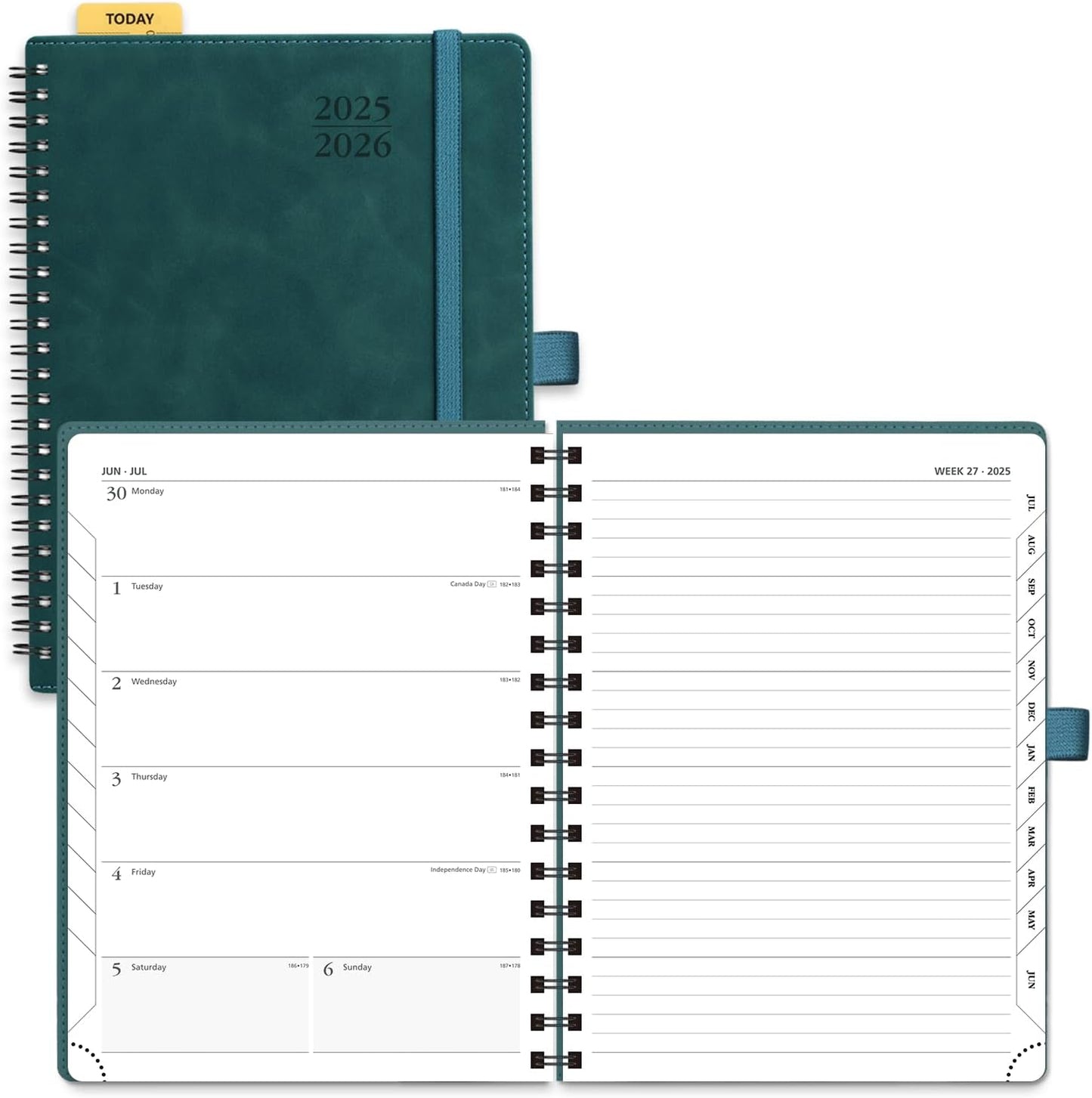 POPRUN Planner 2025-2026 Weekly Notebook (Medium 8.5''x 6.5''), Academic Calendar (JUL.25 - JUN.26) Appointment Book with Monthly Tabs, Spiral Soft Cover, Inner Pocket, 100 GSM - Petrol