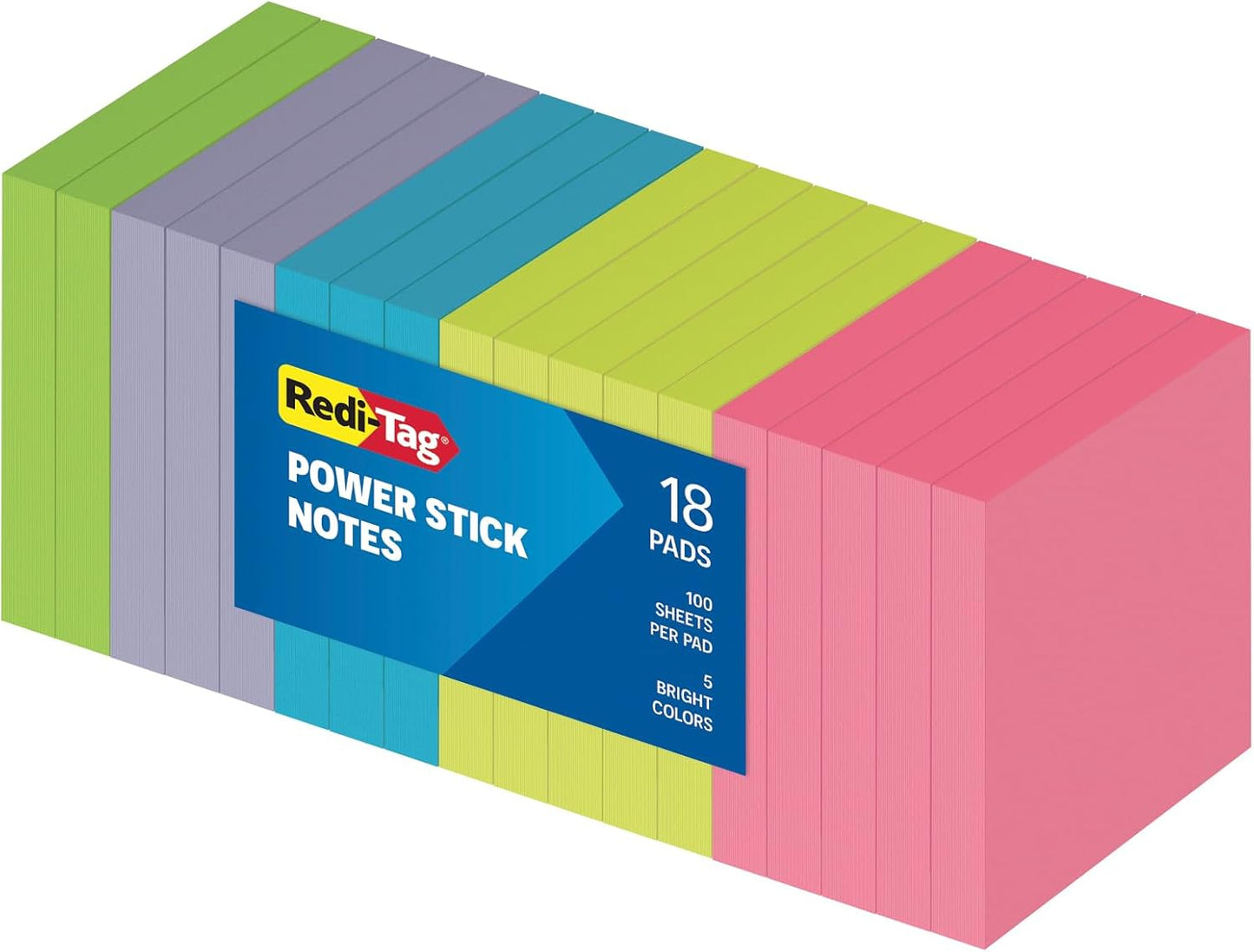 Redi-Tag Sticky Notes, Power Stick Notes, Adhesive Reminders, 3" x 3" Reusable Notes, Strong Adhesive Memos, Assorted Bright Colors, 18 Pack (1000977)
