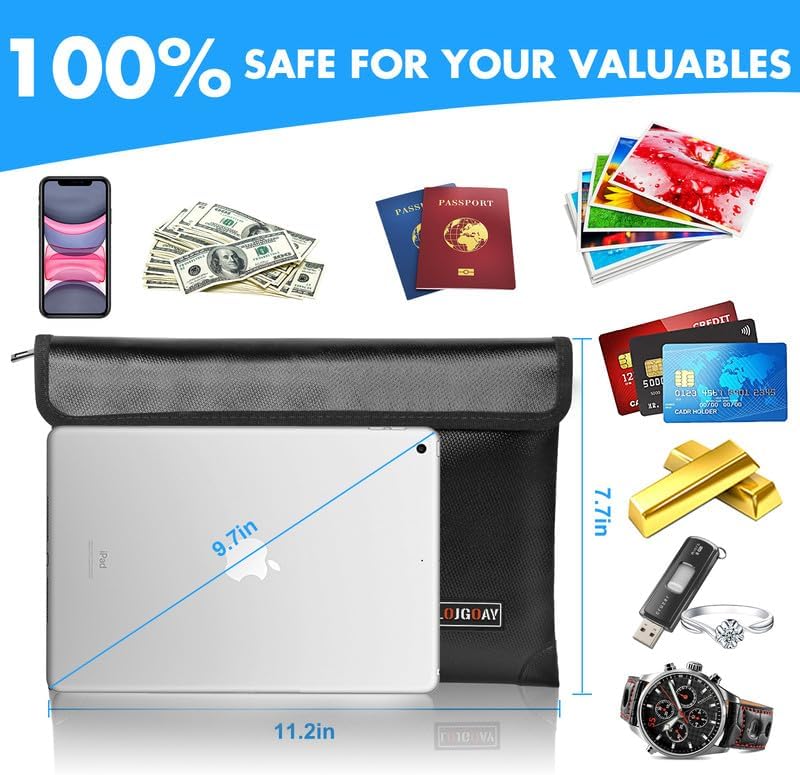 Fireproof Document Bag - with 5200°F Heat Insulated, Waterproof Fireproof Bag with Zipper, 8 Layers of Functional Materials, Fireproof Money Bag for Cash/Documents/Valuables, Fire bag 11"x7.7"
