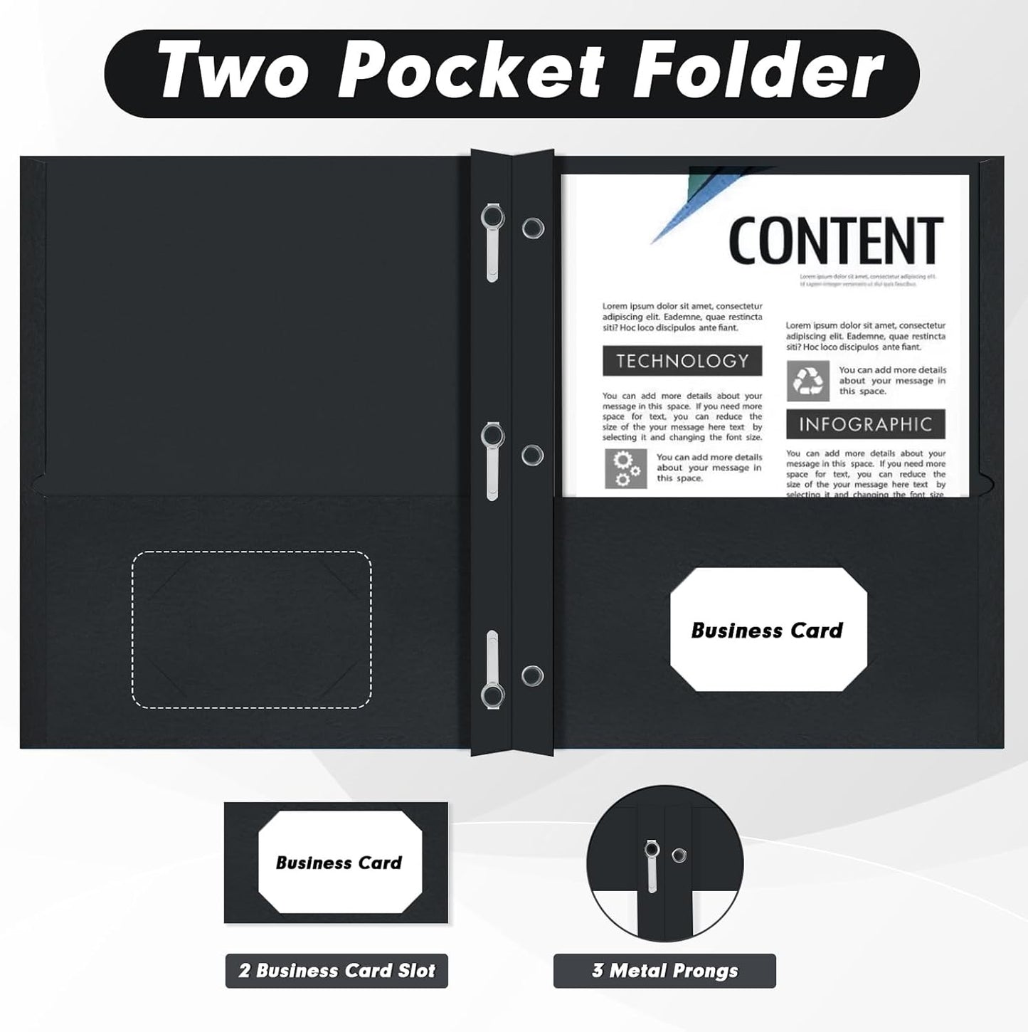 Two Pocket Folders, PANDRI 30 Pack Two Pocket Folders with Prongs, 3 Prong Folders Designed for Office and Classroom, Letter Size Black