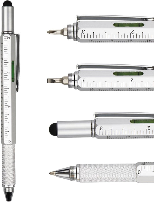 DUNBONG Metal Multi tool Pen 6-in-1 Stylus Pen - With Screwdriver, Ballpoint Pen Black ink, Stylus pen, Level and Ruler, 1-Count (Silver)