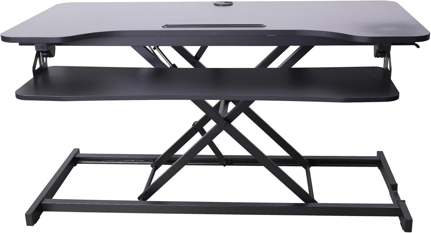 Rocelco 43" Height Adjustable Standing Desk Converter - Tall Sit Stand Up Tabletop Riser with Tablet Slot - Home Office Computer Workstation - Deep Keyboard Tray for Laptop Mouse - Black (R VADRB-43)