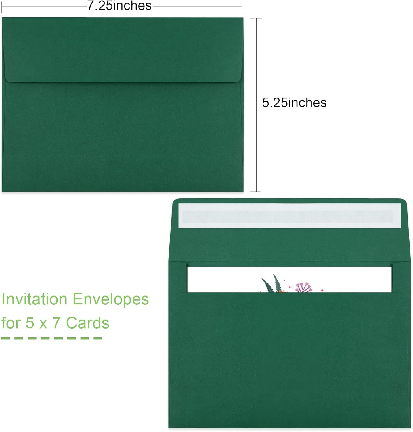 50 Pack 5x7 Envelopes - Self Seal for Invitations, Weddings, Photos & Greeting Cards (Dark Green)