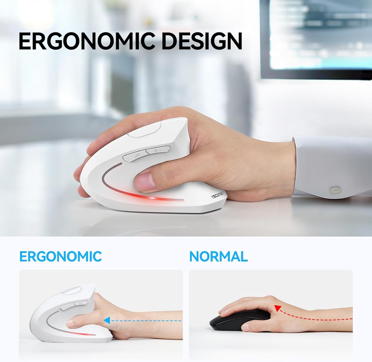 TECKNET Ergonomic Mouse, Wireless Bluetooth Vertical Mouse, 4800 DPI Optical Tracking, 6 Adjustable DPI, Quiet Clicks, 2.4GHz with USB A Receiver, 12 Months Battery, 6 Buttons, Wide Compatibility