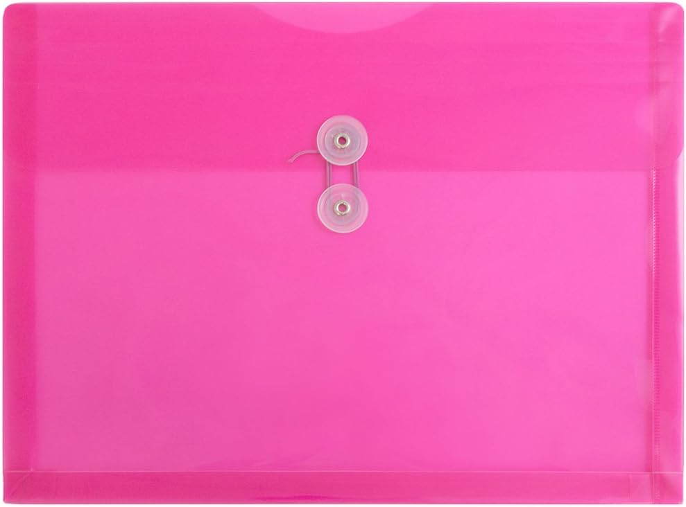 JAM PAPER Plastic Envelopes with Button & String Tie Closure - Letter Booklet - 9 3/4 x 13 - Fuchsia - 12/Pack