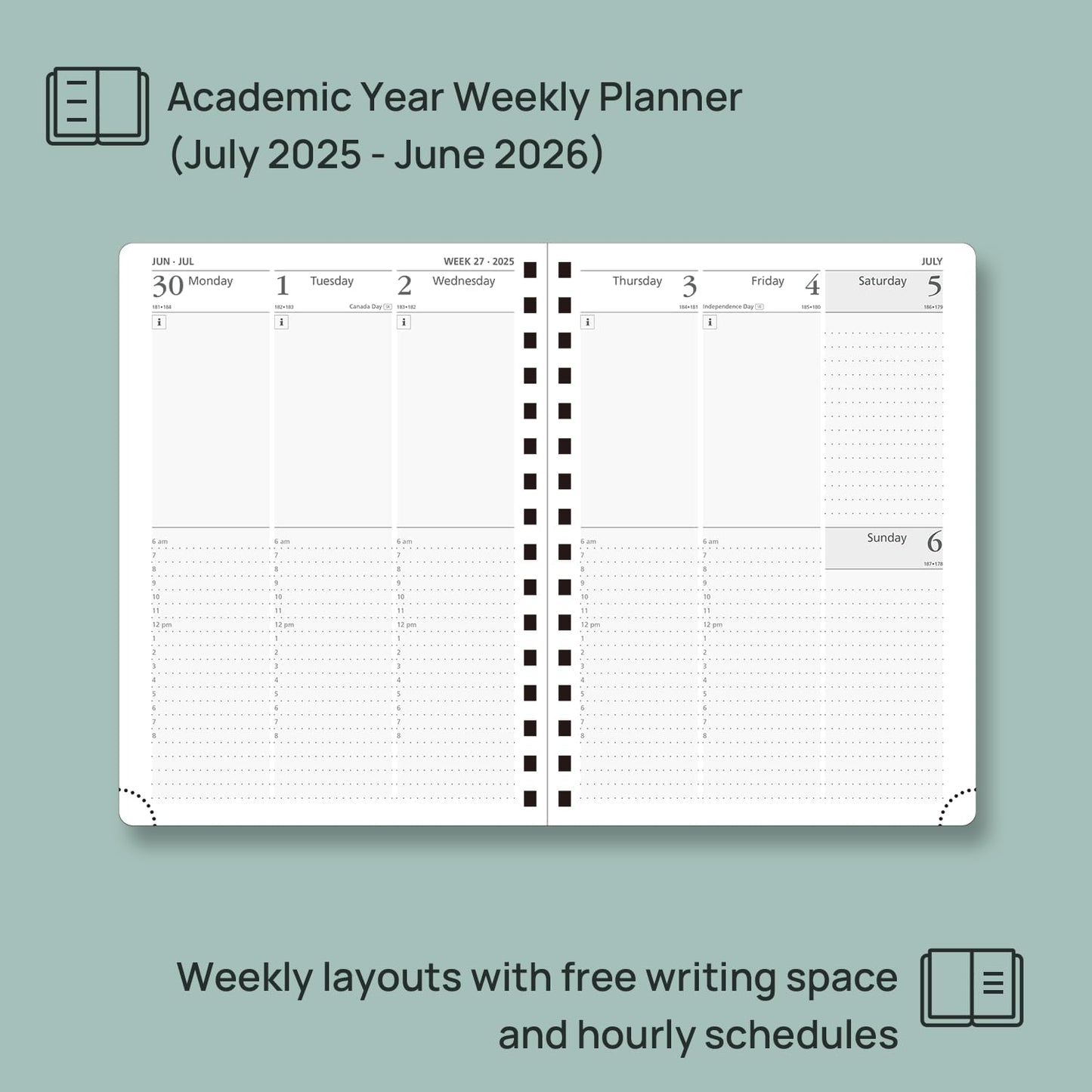 POPRUN Academic Planner 2025-2026 (July 2025-June 2026), Daily Weekly and Monthly Appointment Book (Wirebound Hard Cover - 6.25'' x 8.5'') with Hourly Time Slots, Tabs, 100 GSM - Light Yellow