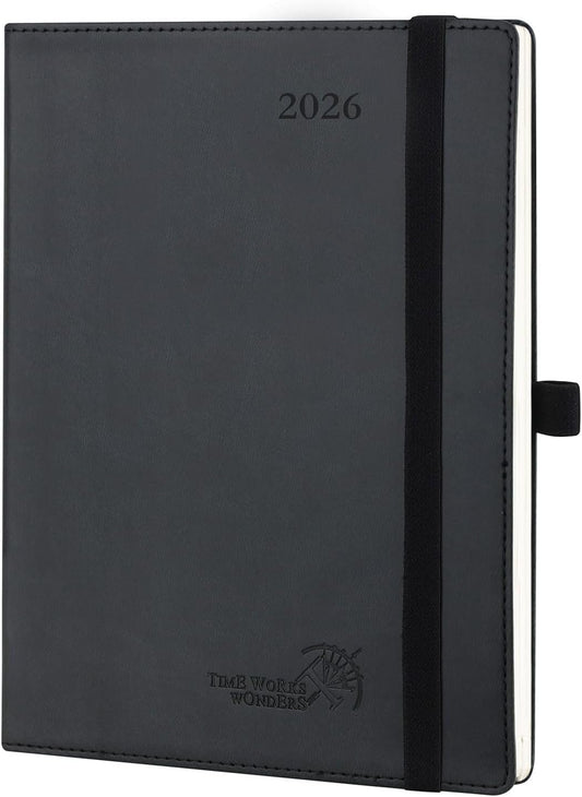 POPRUN 2026 Planner (Medium - 6.5'' x 8.5'') - 2026 Weekly Calendar ((Jan. 2026 - Dec. 2026) with Hourly Time Slots, Weekly/Monthly Appointment Book for Time Management - Leather Soft Cover - Black