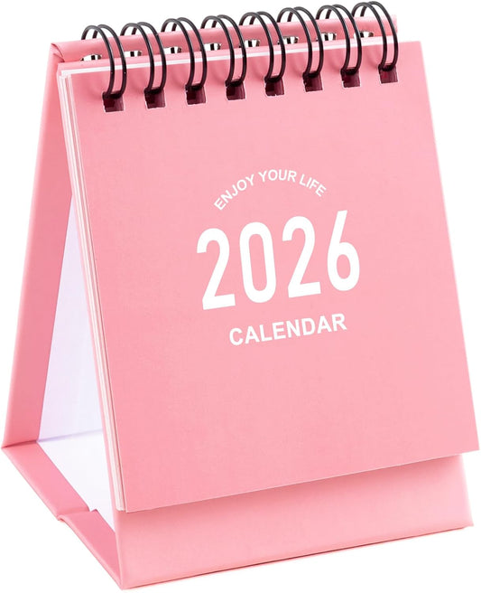 Mini Desk Calendar 2025-2026 - July 2025 to Dec 2026 Small Desktop Calendar Mini Daily Schedule Thick Paper Twin-Wire Binding with Stickers for Home Office School (Mini Pink)