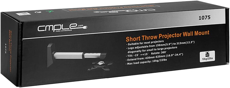 Cmple - Aluminum Short Throw Projector Wall Mount, Tilt & 360 Degree Swivel Wall Projector Bracket Mount with Telescopic Slide for LCD LED Projectors - Max 22lbs (Silver/Black)