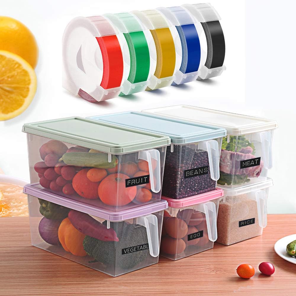 Embossing Label Tape Compatible with Dymo Label Maker,3/8 Inch 3D Plastic Labels Replacement for Dymo Organizer Xpress 12965 DYM 12966 Office Mate II (White on Black/Red/Blue/Yellow/Green)