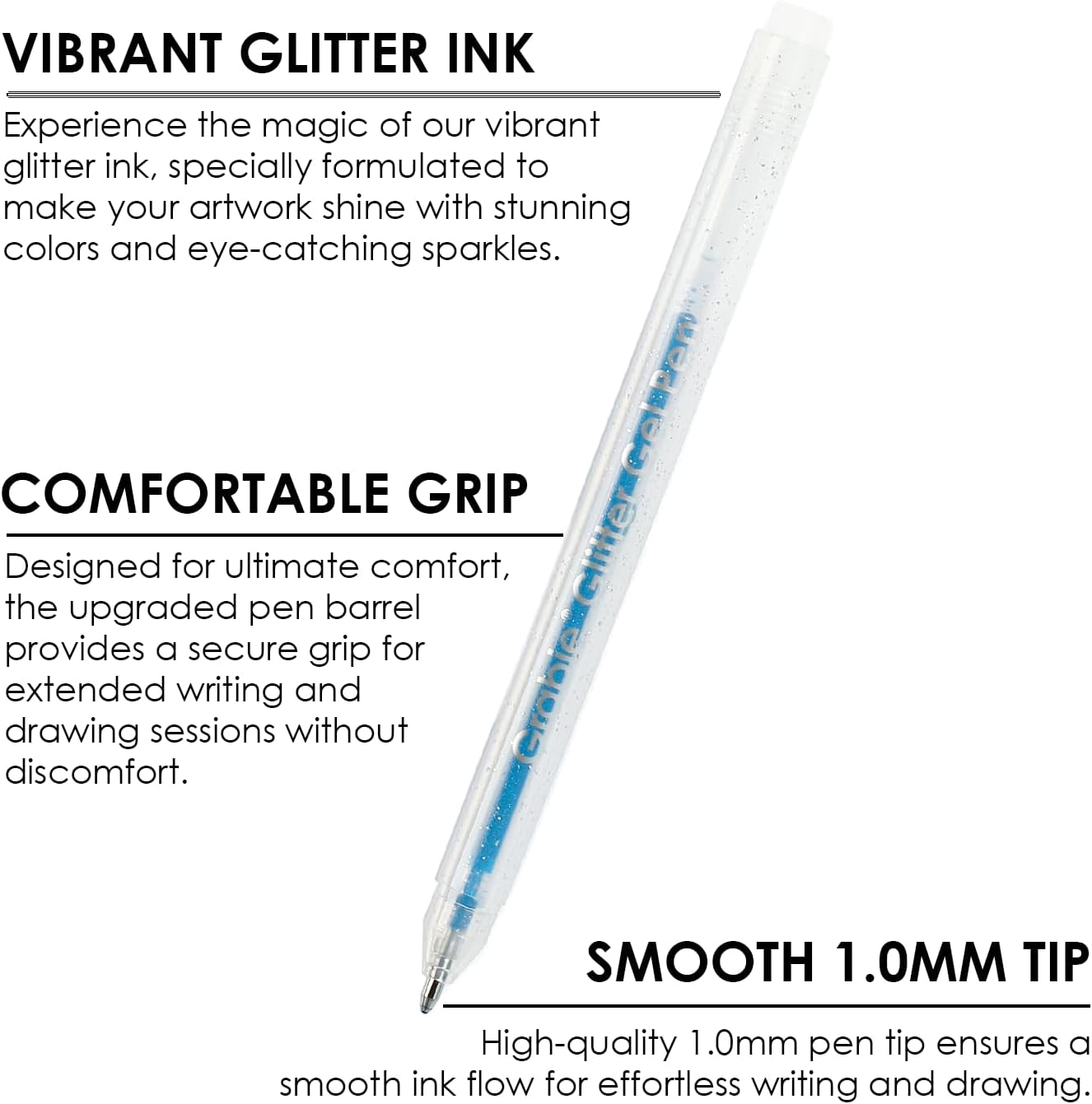 Grabie 42 Glitter Gel Pen Set, 18 Iridescent&24 Essential Color Pens, Smooth Rollerball Tip, Metallic Sparkly Gel Pens for Coloring (42 Colors Capped Glitter Gel Pens)