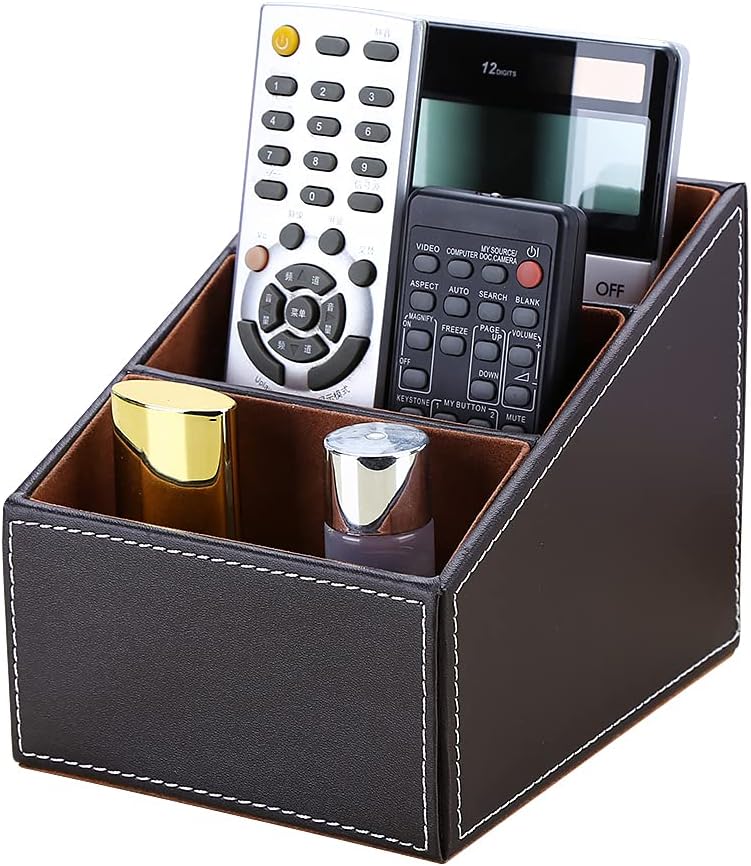 KINGFOM Remote Control Holder with 3 Compartments, Pu Leather Remote Caddy Desktop Organizer for TV, CD, Blu-Ray, Media Player, Heater Controllers and Cosmetics Office Supplies(Brown)