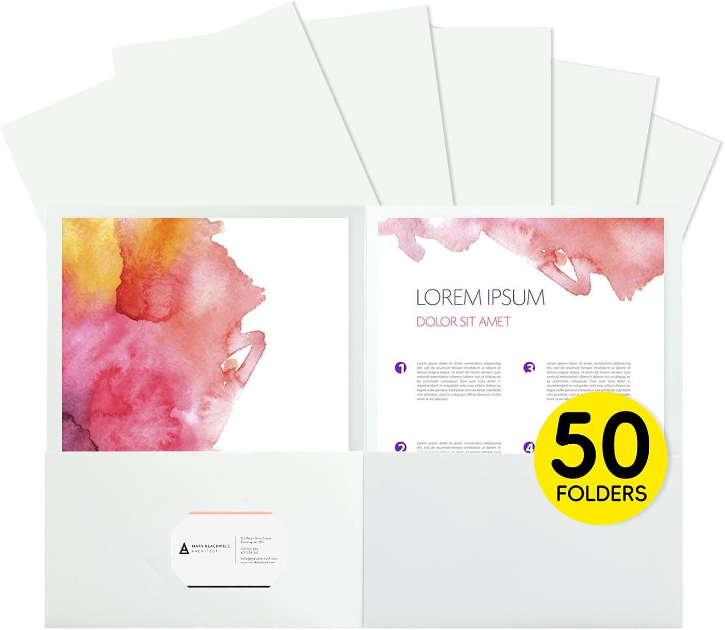 50Pcs White Folders with Pockets and Business Card Holder,2 Pocket Folders for School,Home or Office,Durable Heavy Duty File Folders
