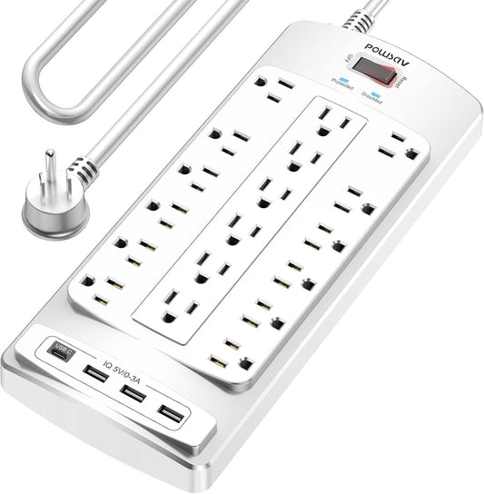 18 Outlets Surge Protector Power Strip - 10 Feet Flat Plug Heavy Duty Extension Cord with 18 Widely Outlets and 4 USB Ports, 2100 Joules, White, ETL Listed