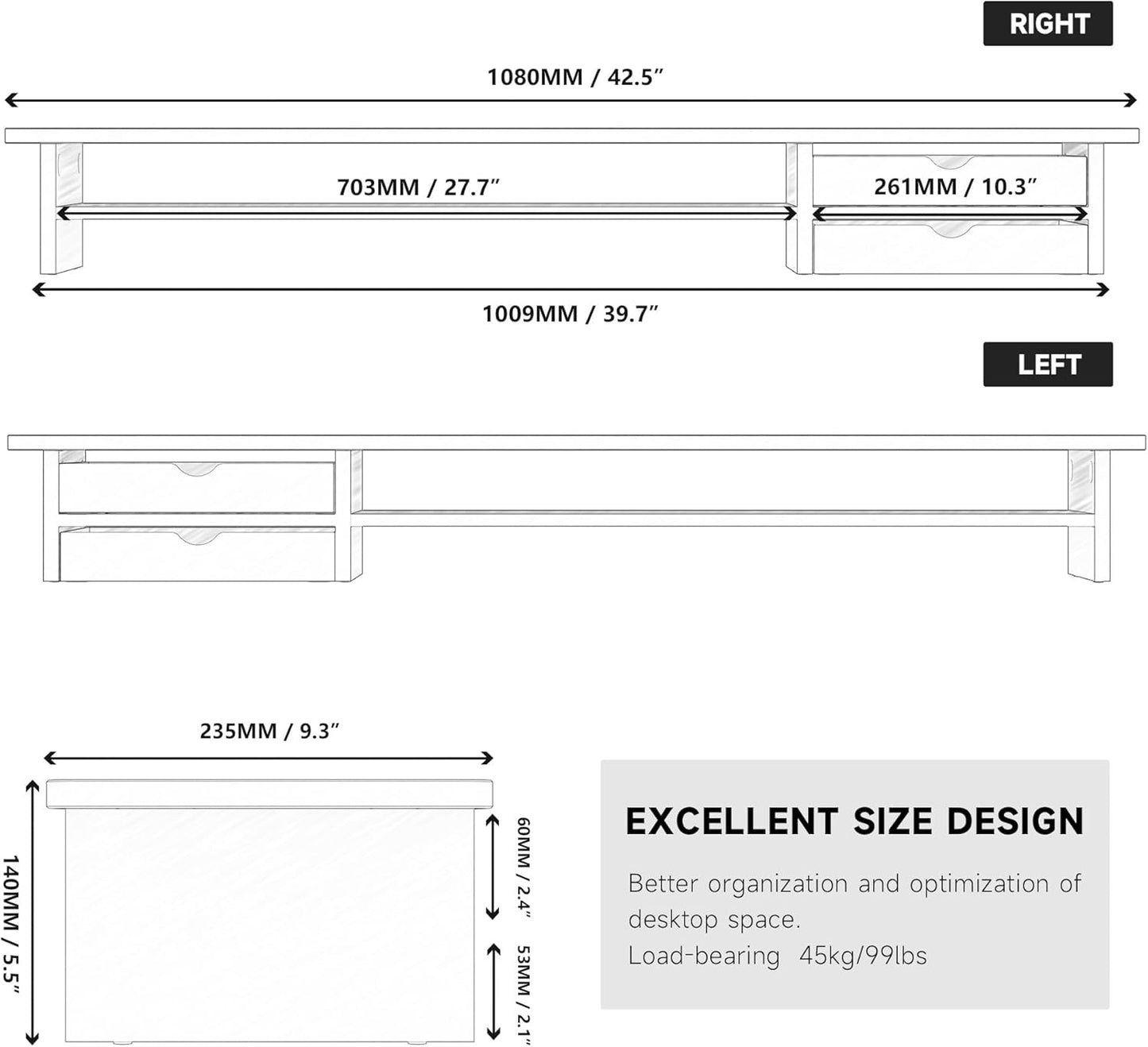 Fenge Monitor Stand, Dual Monitor Riser, 42.5inch Large Desk Computer Monitor Stand Riser with Drawer, 2 Tier Wood & Acrylic Desktop Organizer for Computer, Laptop, Printer, TV Screen Riser