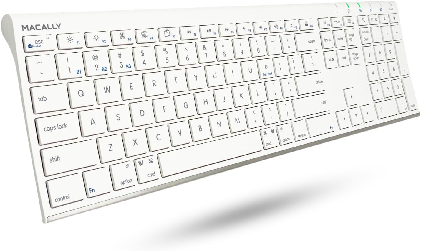 Macally Wireless Bluetooth Keyboard for Mac - Compatible Apple Keyboard or MacBook Pro/Air, iMac - Multi-Device, Up to 3 Devices with 110 Keys, 20 Shortcuts, Numeric Keypad, and Rechargeable - White