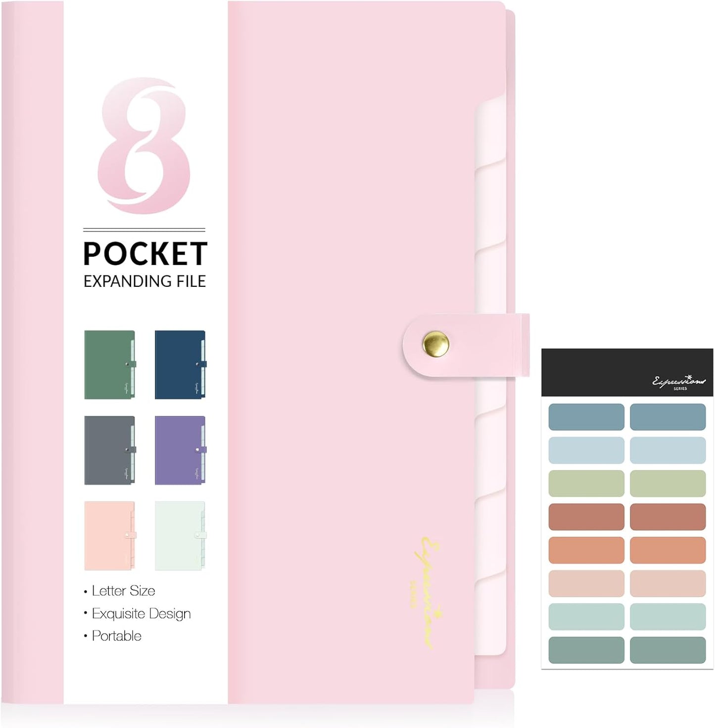 Sooez Elegant Accordion File Organizer with Labels, 8 Pocket Expanding File Folder, Portable Folders for Documents, Cute Paper Organizer for School Office Supplies, Letter Size, Blush