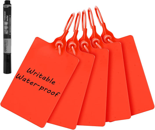 100 Plastic Waterproof Shipping Tags - Writable Marker Ties, Hanging Security Tamper Seals for Labeling and Storage - With One Marker Pen (Red)