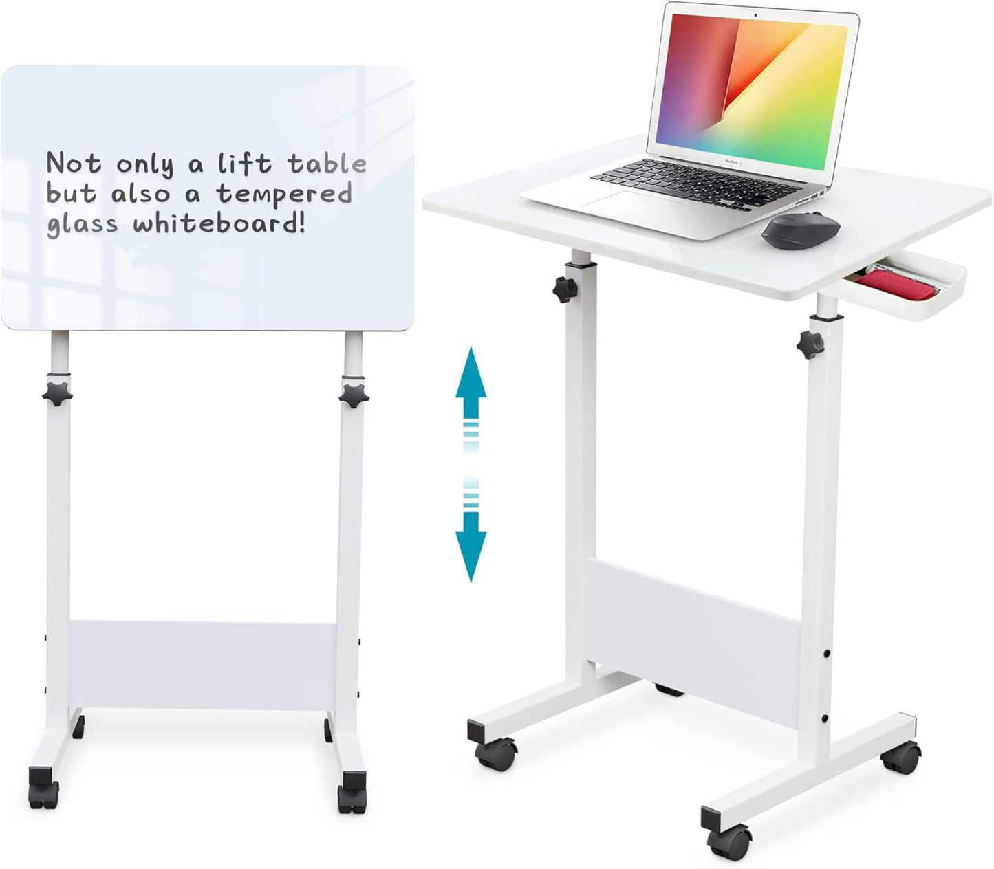 KOUPA Adjustable Height Standing Desk, Writable Tempered Glass Desktop with Eraser, 360° Flip, Wheels – Ideal for Small Spaces and Home Offices, 31 in, White(Adjustable Height: 32-47 in)