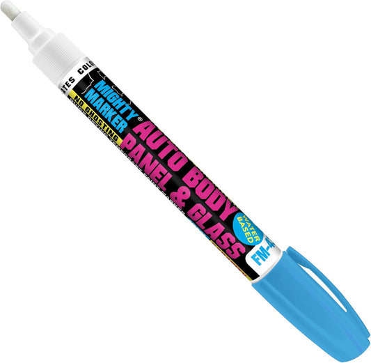 FM-43 Auto Body and Glass Paint Marker, No-Ghost, Highly Water-Resistant, 2.3mm Bullet Tip, Valve Action, 6 Bonus Reversible Tips, Made in USA - Fl. Blue 6 pack