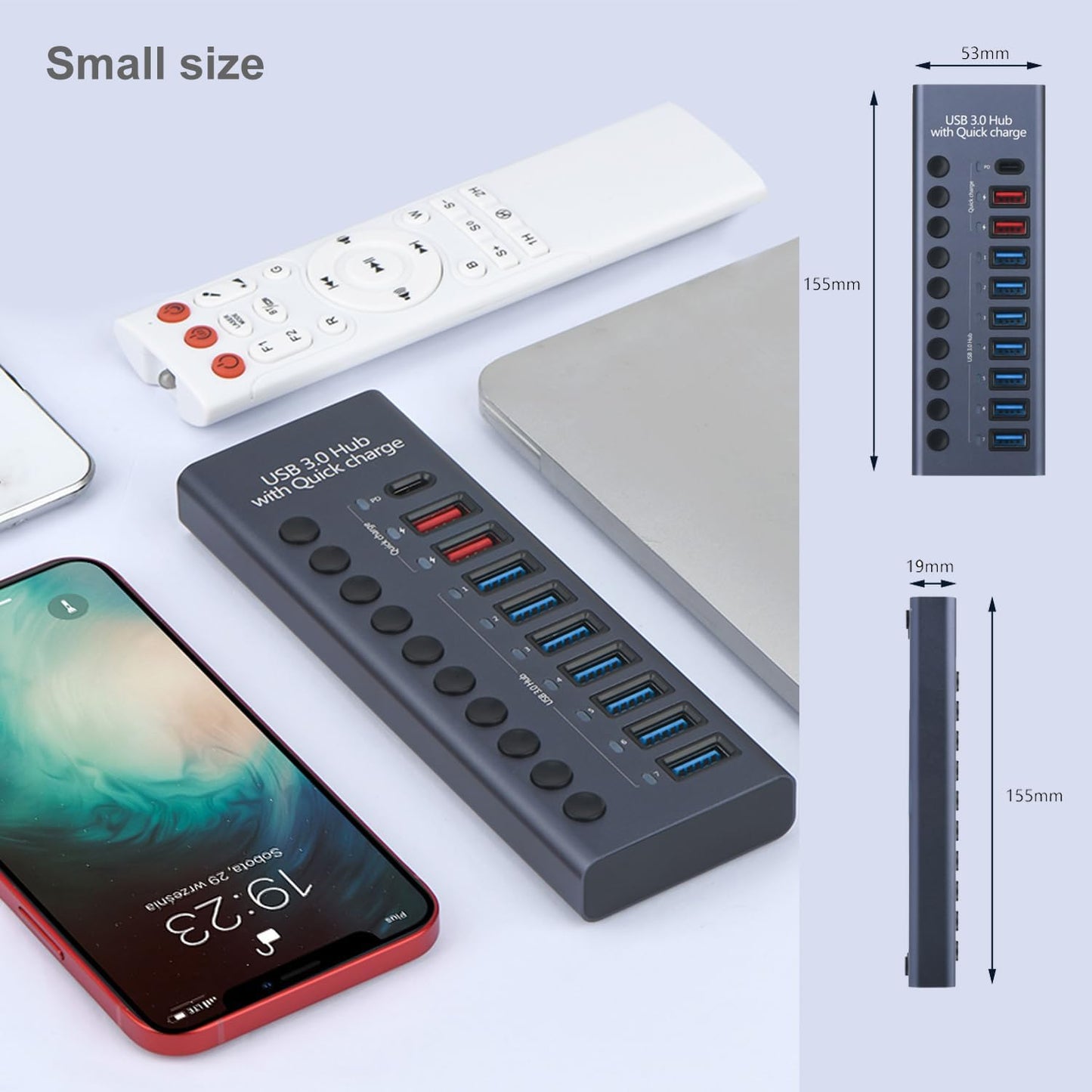MaxLax Aluminum USB 3.0 hub with Charging Function, Power Adapter,Individual Power swiches (Silver Gray-10 Ports)