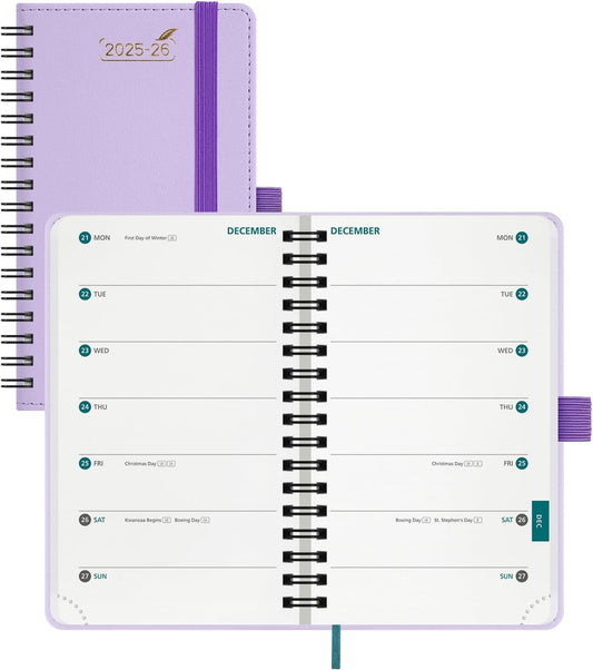 BEZEND Pocket Planner 2025-2026 Weekly with 2 Columns, 18-Month Academic Calendar (Jul 25-Dec 26), Life Work App., Storage Pocket, Pen Holder, PU Leather Softcover 3.5" x 6" Spiral - Lilac