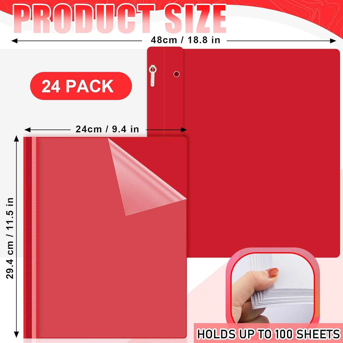 Teling 24 Pcs Clear Front Report Covers with 3 Prongs Presentation Folders Plastic Resume Portfolio Report Letter Size Presentation Binder for Paper Document School Office(Red)