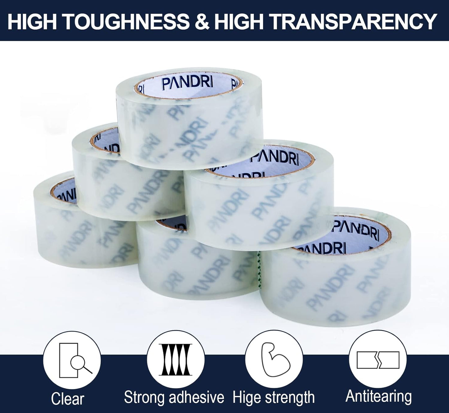 PANDRI Packing Tape, 18 Rolls Heavy Duty Clear Packaging Tape for Shipping Packaging Moving Sealing, 1.88 inches Wide, 65 Yards Per Roll, Total 1170 Yards