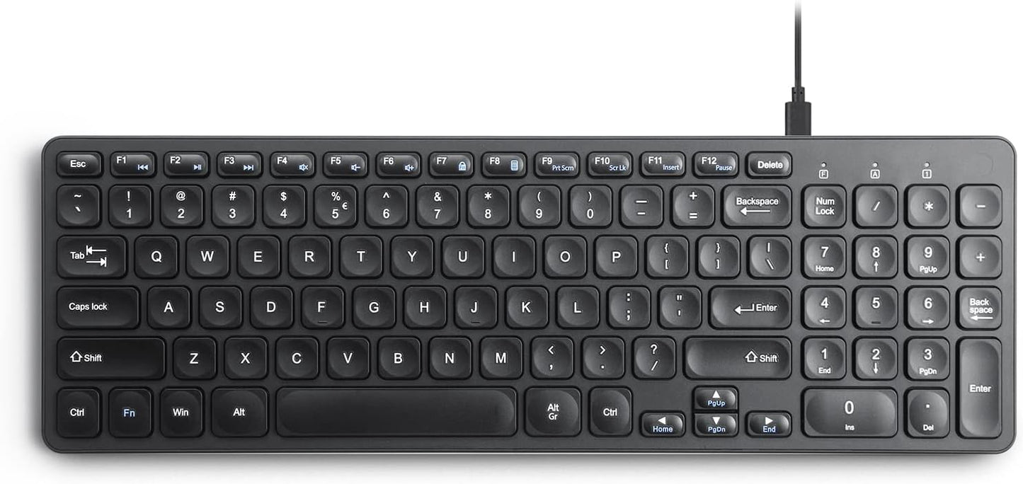 Perixx PERIBOARD-215B US, Wired Keyboard - Ultra Slim Scissor Keys - 2 Built-in USB-A & USB-C Ports - Detachable Cable - Black - US English