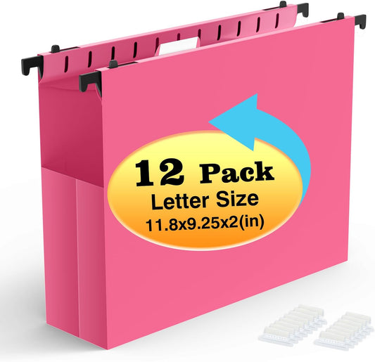 Extra Capacity Plastic Hanging File Folders,12 Pack Reinforced Expanding Hang Folder Letter Size,Accordian Pocket,Heavy Duty 2 Inch Expansion, Hard Hanging Folder Organizer for Office Home,Pink