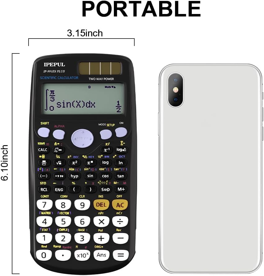 Scientific Calculators, IPepul Math Calculator with 417 Function, Solar Battery Power and 4-Lines Display, School Supplies for Middle High College Students Teachers (Black 991ES)