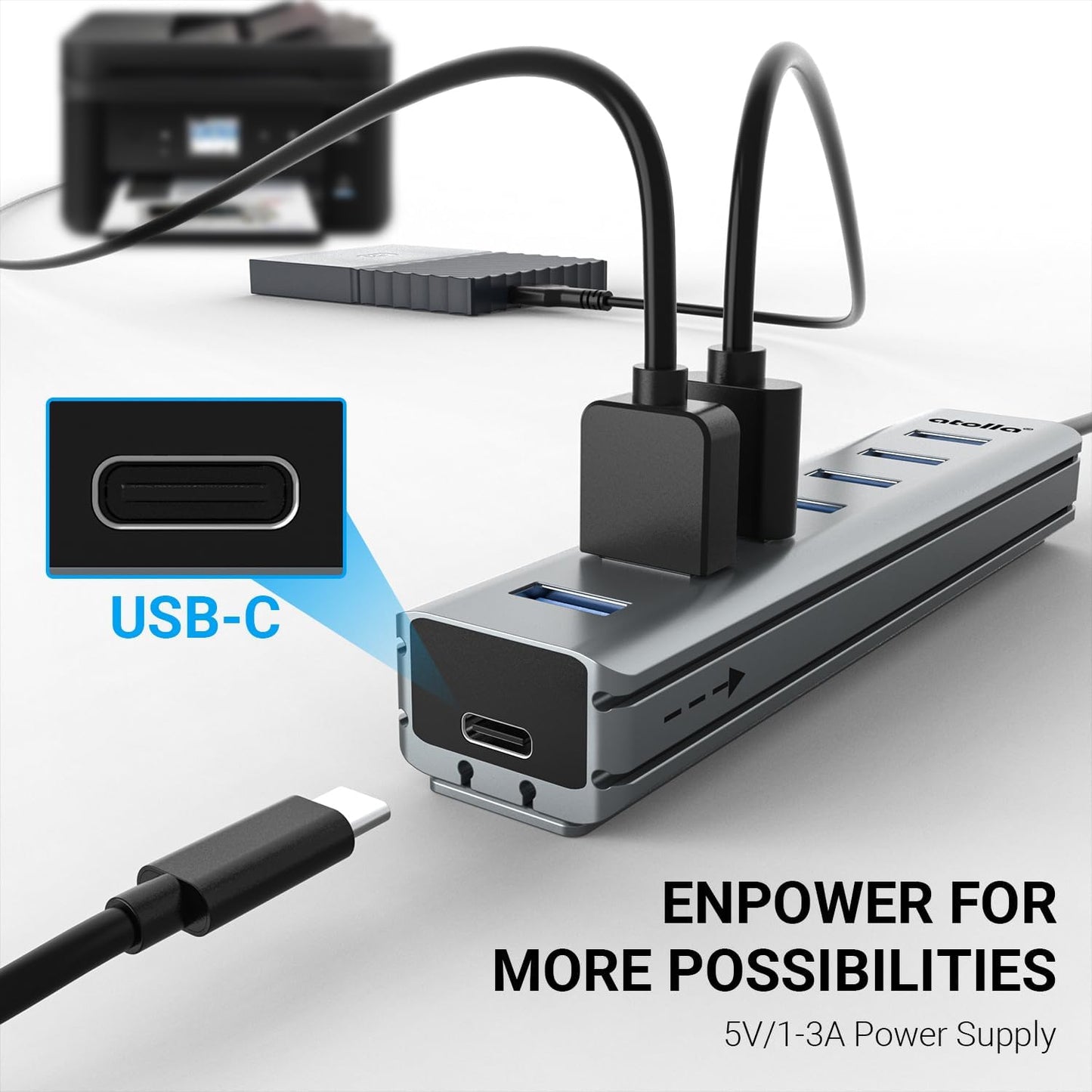 USB Hub 3.0, atolla 7-Port USB Hub Splitter with Sliding Rails for Fixing to Table/Host/Tile Wall Edges, Compatible with MacBook, Laptop, Surface Pro, PS4, PC, Flash Drive, Mobile HDD