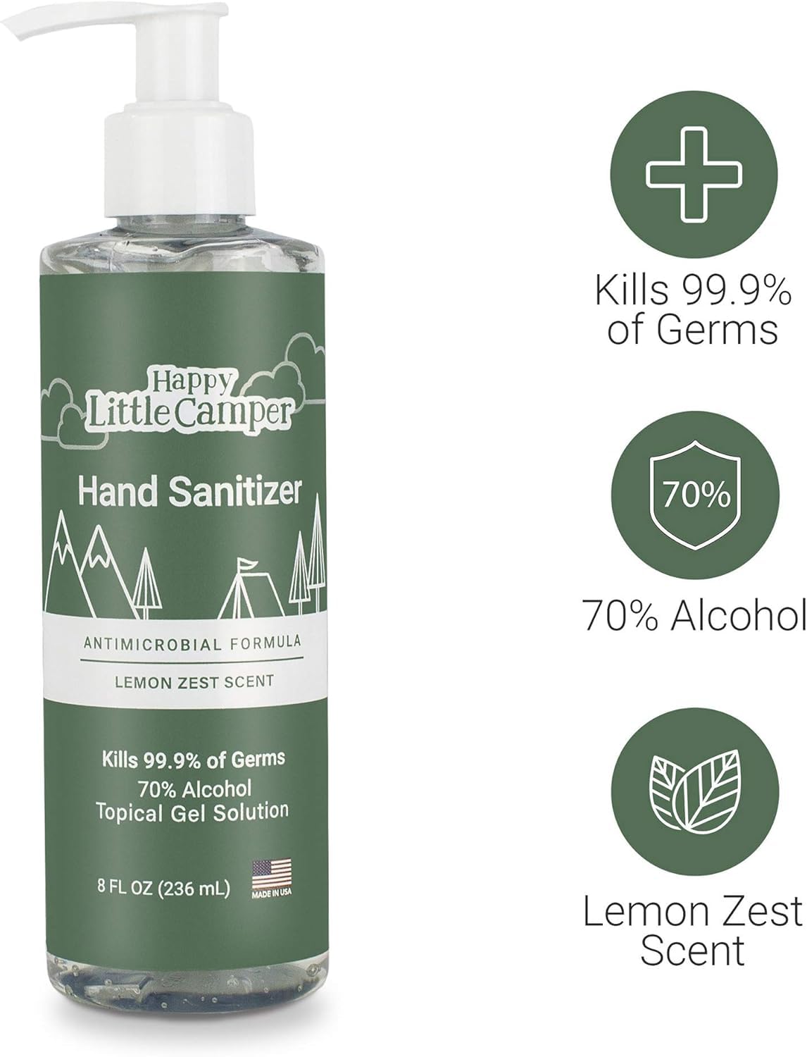 Happy Little Camper Hand Sanitizer with Lemon Zest Scent - Moisturizing Gel with Vitamin E & Antimicrobial Formula- Contains 70% Ethyl Alcohol - Travel Size, Made in USA - 3x 8oz bottles