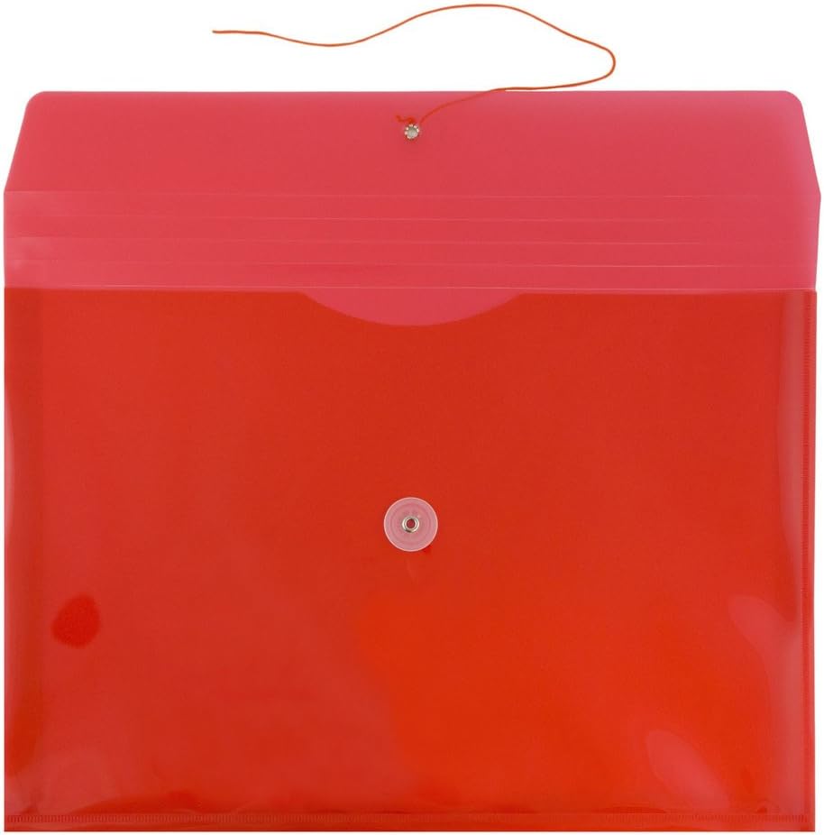 JAM PAPER Plastic Envelopes with Button & String Tie Closure - Letter Booklet - 9 3/4 x 13 - Red - 12/Pack